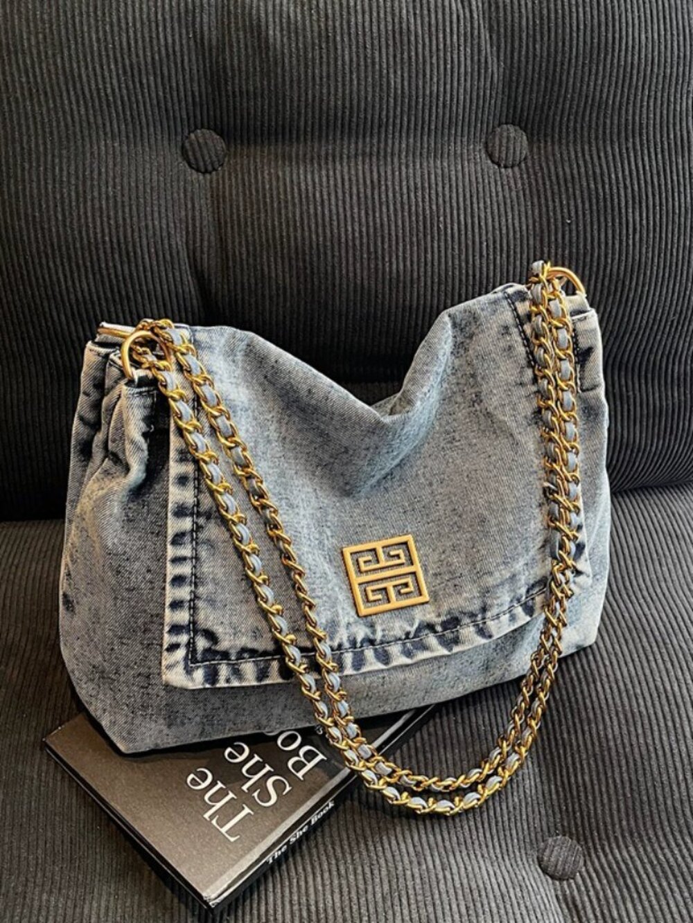 Urban Y2K Denim Shoulder Bag | Washed Punk Hobo Purse with Gold-Tone Accent